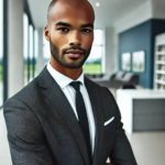 A professional-looking black male real estate agent with a clean-shaven head, wearing a suit and tie, standing confidently in front of a modern office