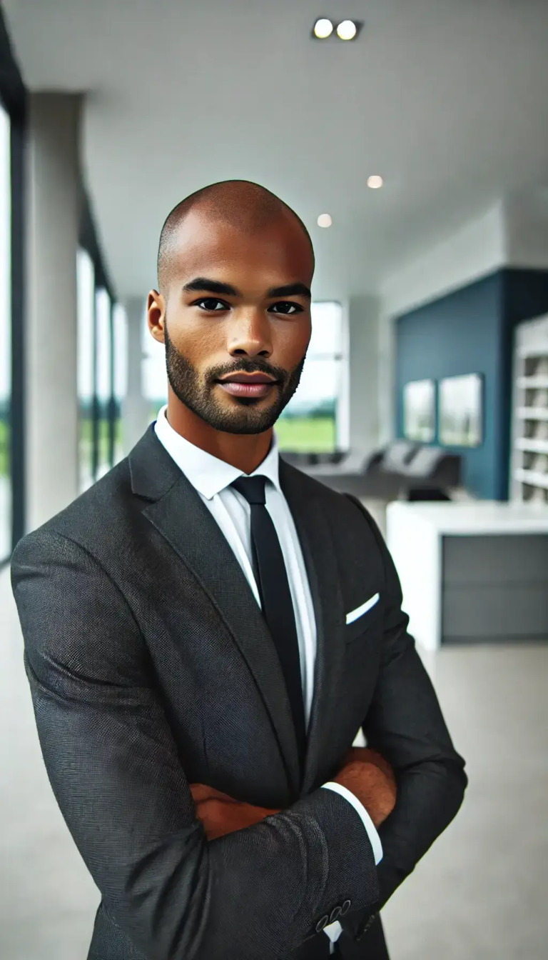 A professional-looking black male real estate agent with a clean-shaven head, wearing a suit and tie, standing confidently in front of a modern office