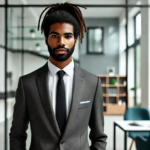 A professional-looking black male real estate agent with dreadlocks tied back in a neat style, wearing business attire