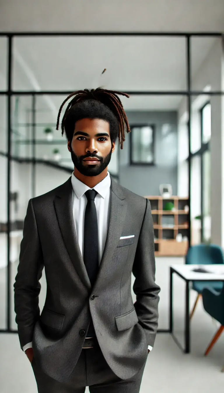 A professional-looking black male real estate agent with dreadlocks tied back in a neat style, wearing business attire