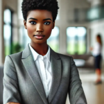 A professional-looking black female real estate agent with short, stylish hair, wearing a smart business suit, standing confidently in front of a mode