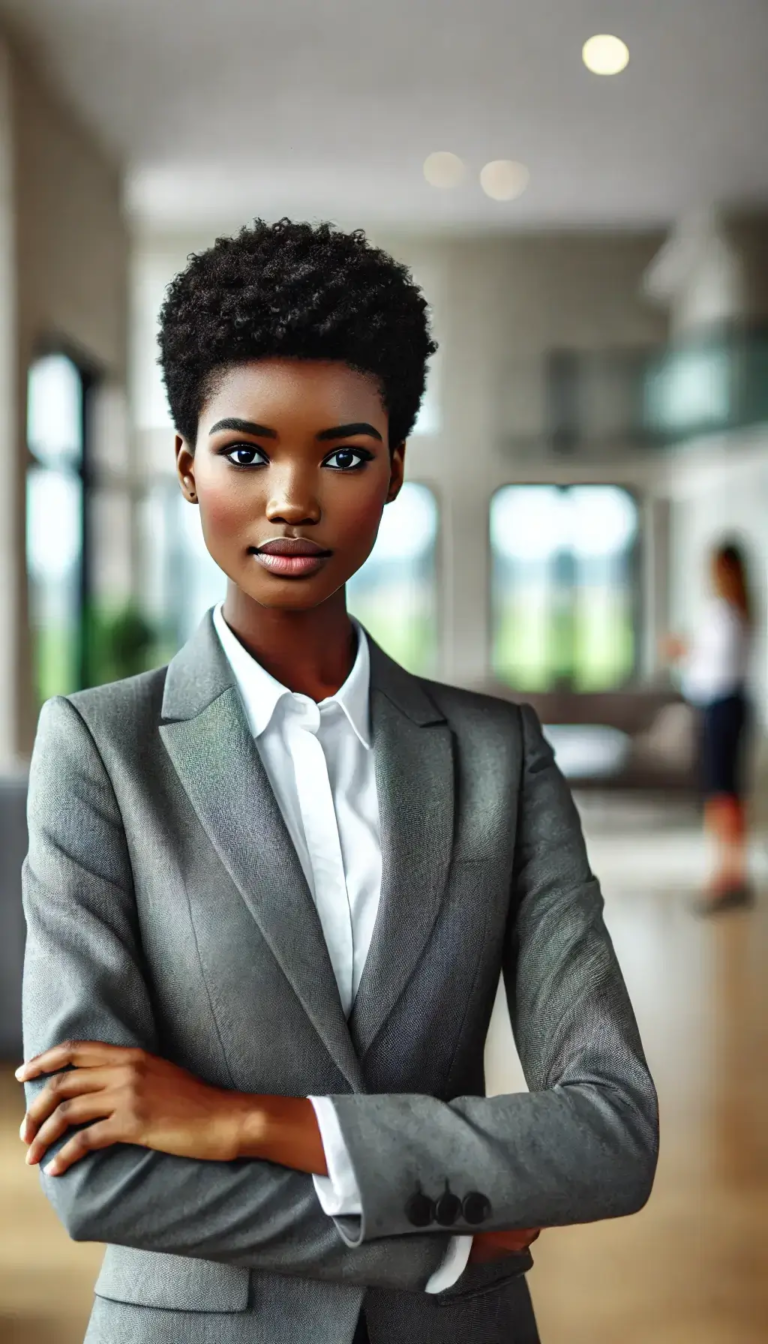 A professional-looking black female real estate agent with short, stylish hair, wearing a smart business suit, standing confidently in front of a mode