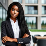 A professional-looking black female real estate agent with long, braided hair, wearing formal business attire, standing confidently in front of a mode