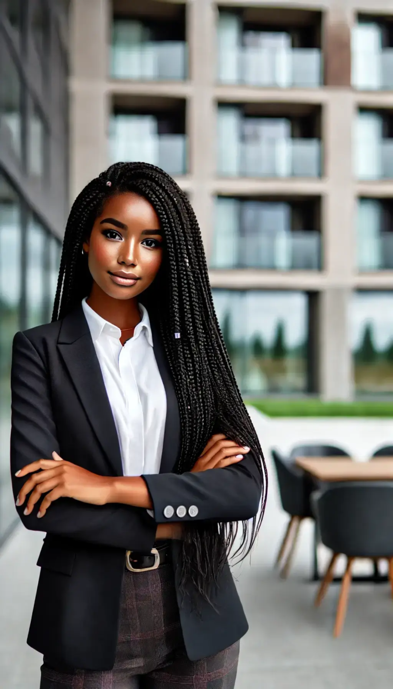 A professional-looking black female real estate agent with long, braided hair, wearing formal business attire, standing confidently in front of a mode