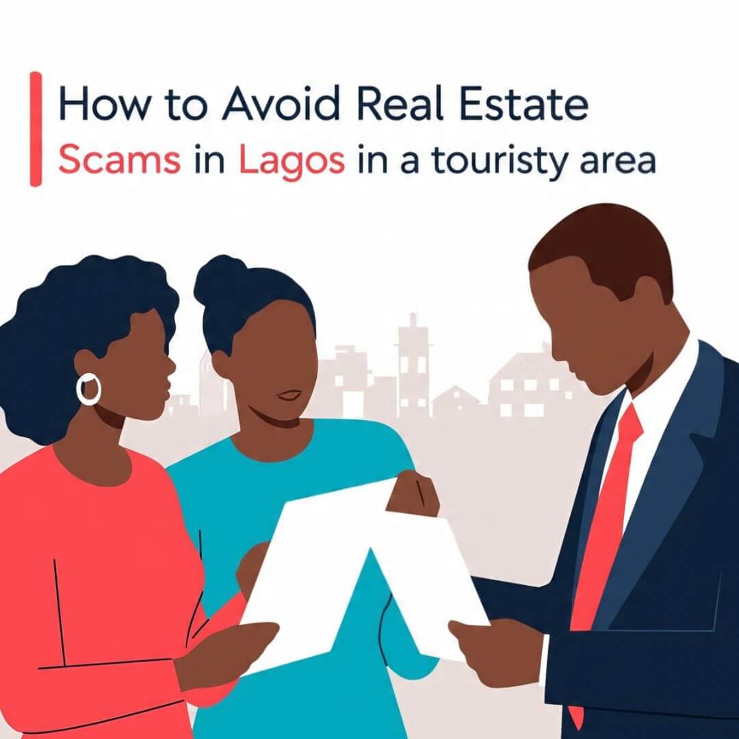 professional illustration showing a Nigerian man and woman discussing with a real estate agent