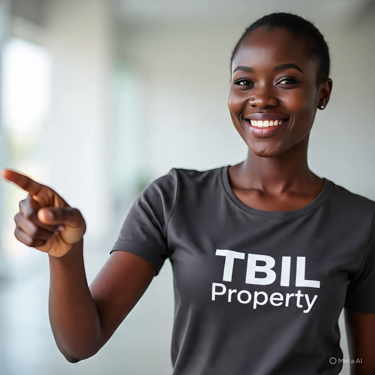 dark-skinned Nigerian lady wearing a simple round-neck t-shirt.